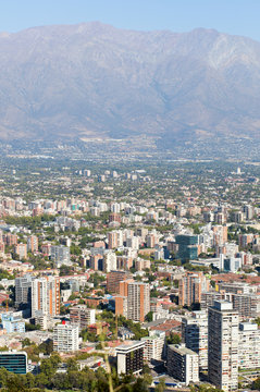 Cityscape of Santiago from St. Cristobal hill. Chile, South Amer