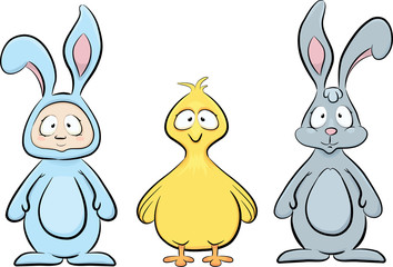 Vector Easter set. Bunny, chicken and child.