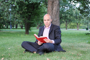 man with laptop sitting near a tree