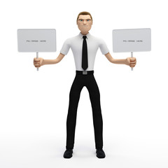 3D Businessman holding a blank sign