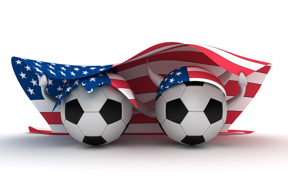 Two soccer balls hold flag