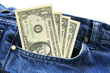 US dollar bills in employee's blue jeans pocket.