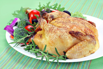 Roast hen on serving platter.