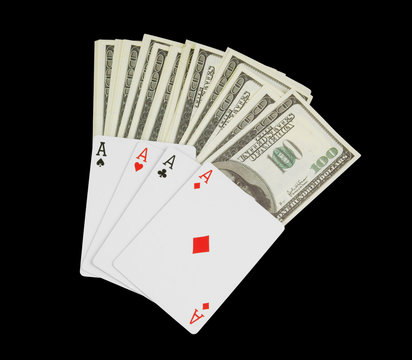 Stack of money and cards isolated on black