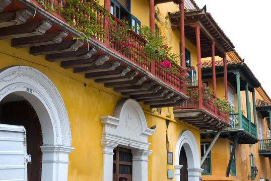 Facade of old buildings. Cartagena, Colombia.