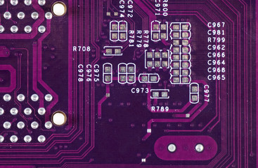 Close up of computer circuit board in blue