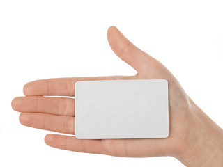 Hand holding a business card isolated on white background