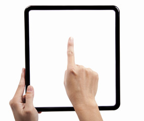 Hand  holding a touch pad and finger try to touch © Tom Wang