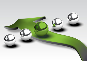 Five metallic spheres with green arrow