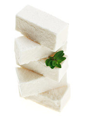 Feta cheese cubes with thyme twig