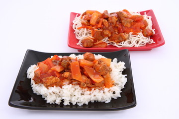 Sweet and sour chicken with rice and chow mein noodles