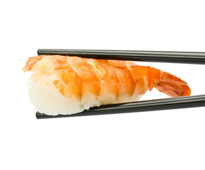 Sushi with chopsticks isolated over white background