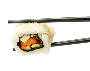 Sushi with chopsticks isolated over white background