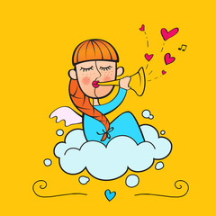 Redheaded angel playing horn with hearts and cloud