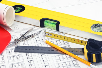 construction drafts and tools on the table
