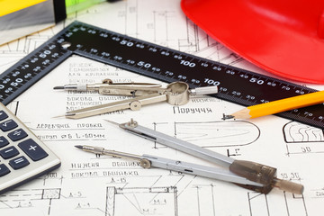 construction drafts and tools on the table
