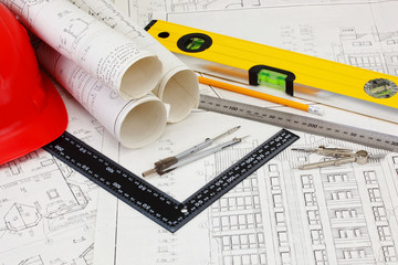 construction drafts and tools on the table