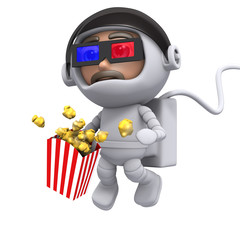 3d Spaceman eats popcorn at the 3d movie theatre