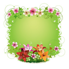 Green background with flowers and butterflies