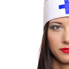 Sexy woman with red lips and medical uniform