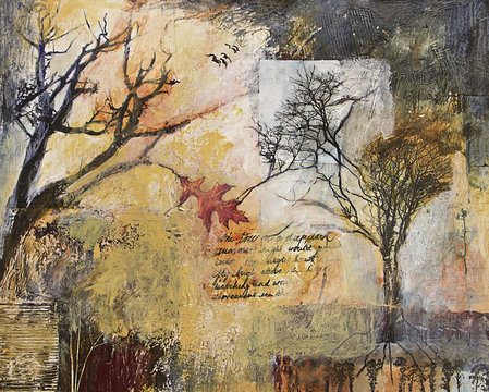 Mixed Media Painting With Trees And Oak Leaf