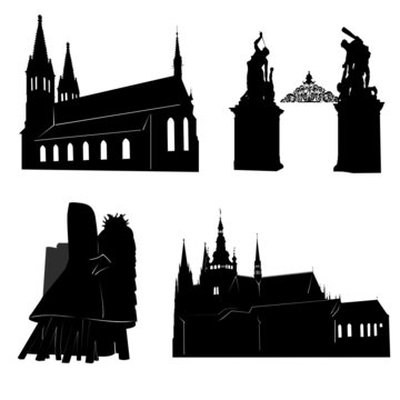 Silhouettes of famous buildings and landmarks of Prague.