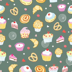 Seamless pattern of cakes and pastries