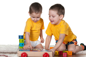 Two brothers playing blocks