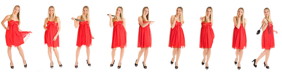 Caucasian woman in red dress isolated on white