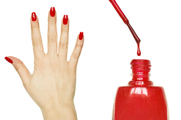 Manicure set - red manicured woman hand and nail polish