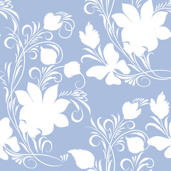 Fototapeta na wymiar White floral ornament on blue background (seamless)