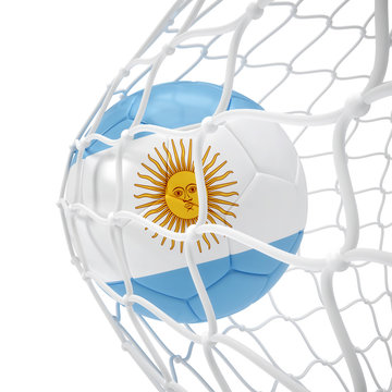 Argentinean soccer ball inside the net