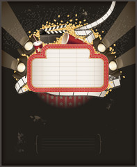 Theatre marquee with movie theme objects. Composition