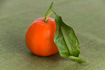 Single ripe orange on green napkin