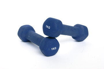 A pair of blue dumbbells isolated on white