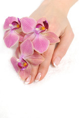 Fototapeta na wymiar Beautiful hand with perfect nail french manicure and purple orch