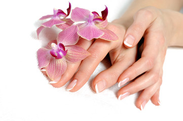 Beautiful hand with perfect nail french manicure