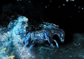 artwork of liquid horse jumps and runs in water © Leda_d