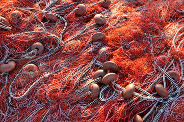 Fishing nets in the dock, Alghero, Sardinia, Italy, Europe.