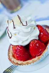 dessert fruit cake with strawberry on table