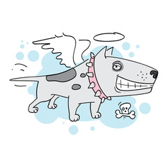 Bull terrier, guardian angel with skull