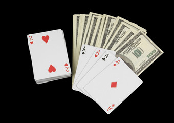 Stack of money and cards isolated on black