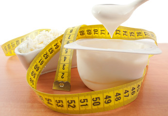 cottage cheese and yogurt with a centimeter tape