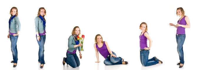 Young caucasian girl different poses isolated