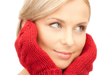 beautiful woman in red mittens