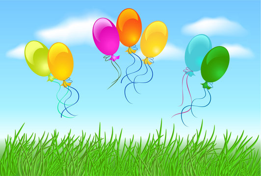 Meadow grass, sky, clouds and  balloons