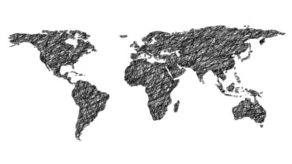 drawn world map isolated on white background