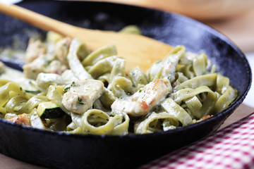 Pasta and chicken meat in cream sauce