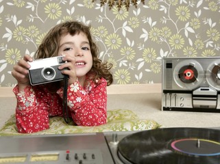 camera retro photo little girl in vintage room