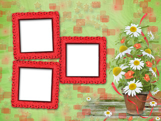 Grunge frames with beautiful bunch of daisy and poppy for design